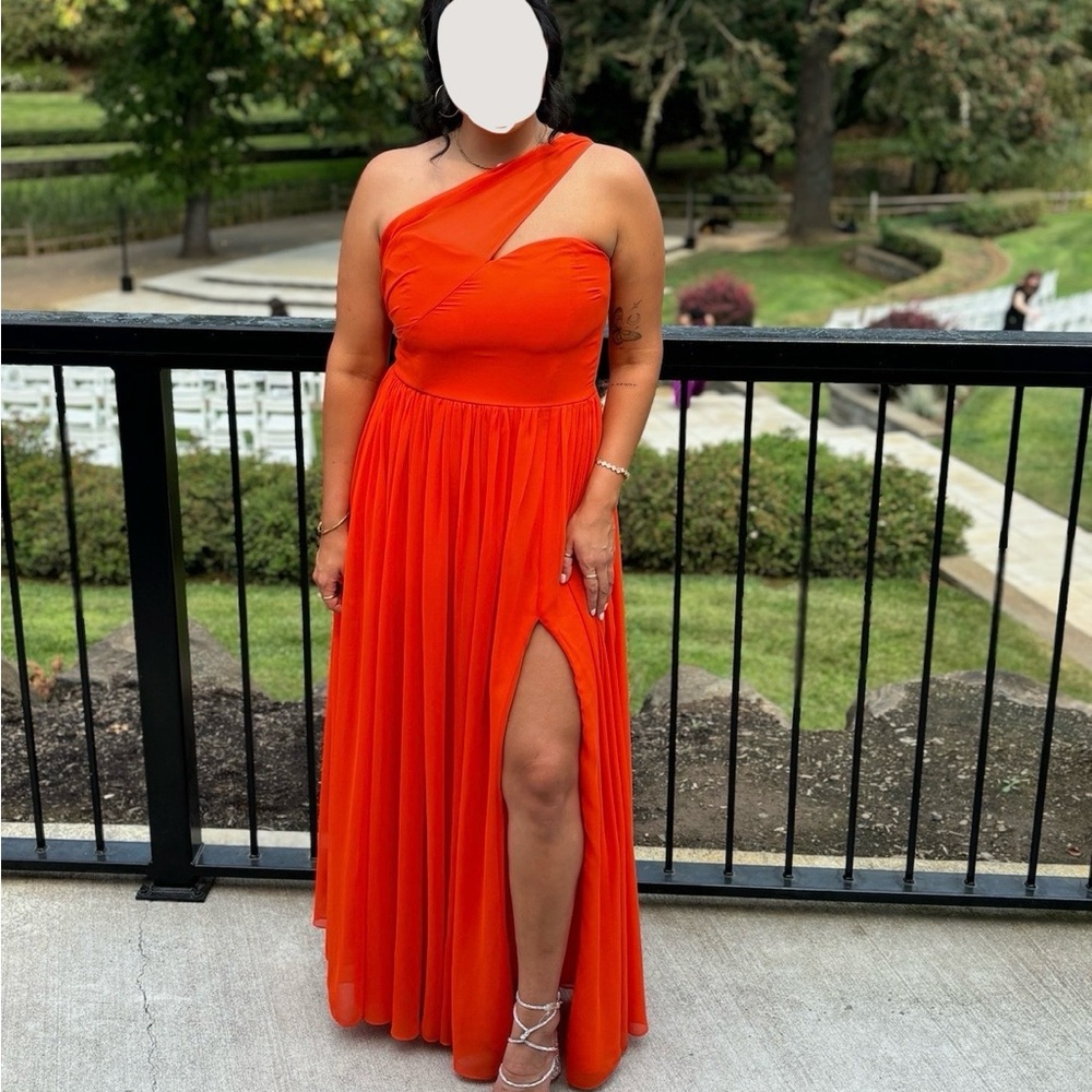 YAURA Imade one shoulder long orange gown tailored to fit a size 6